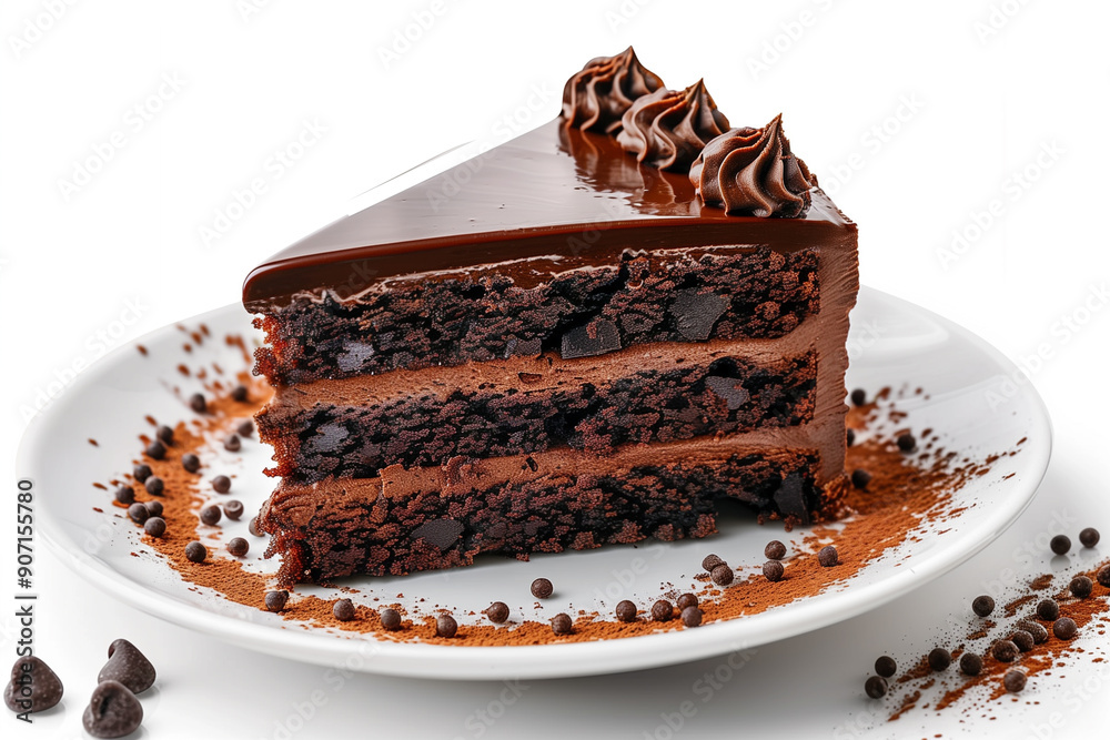 A piece of chocolate cake on a white plate isolated on a white background A piece of chocolate cake on a white plate isolated on a white background