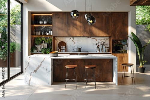 Modern kitchen interior with island and marble photo