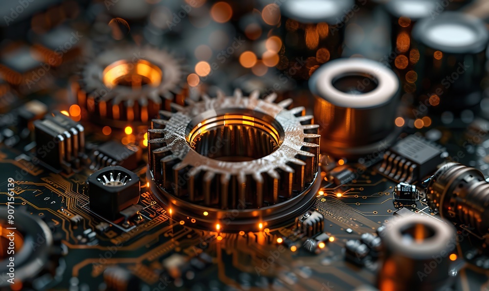 A close-up of metallic gears on a circuit board illustrates the integration of mechanical and digital technology for modern innovation and automation.