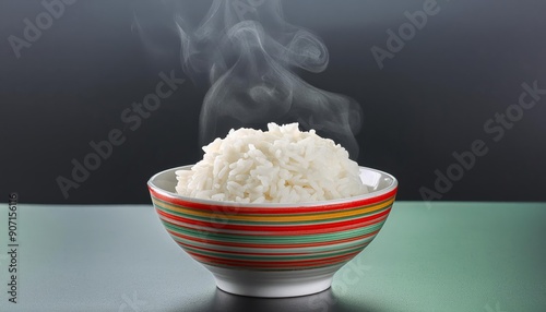 Steamed rice in bowl freshly cooked and ready to serve, simplicity and deliciousness of this staple food, perfect for any meal and enjoyed in various cuisine, Staple food, source of carbohydrate.  photo