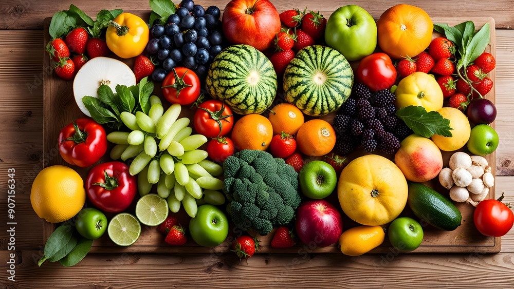 A wooden board with a variety of fruits and vegetables on it A wooden board with a variety of fruits and vegetables on it
