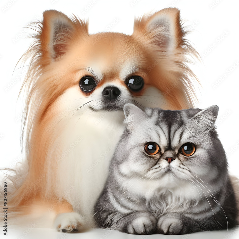 Perro y gato sentados mirando a cámara aislados sobre fondo blanco Perro y gato sentados mirando a cámara aislados sobre fondo blanco