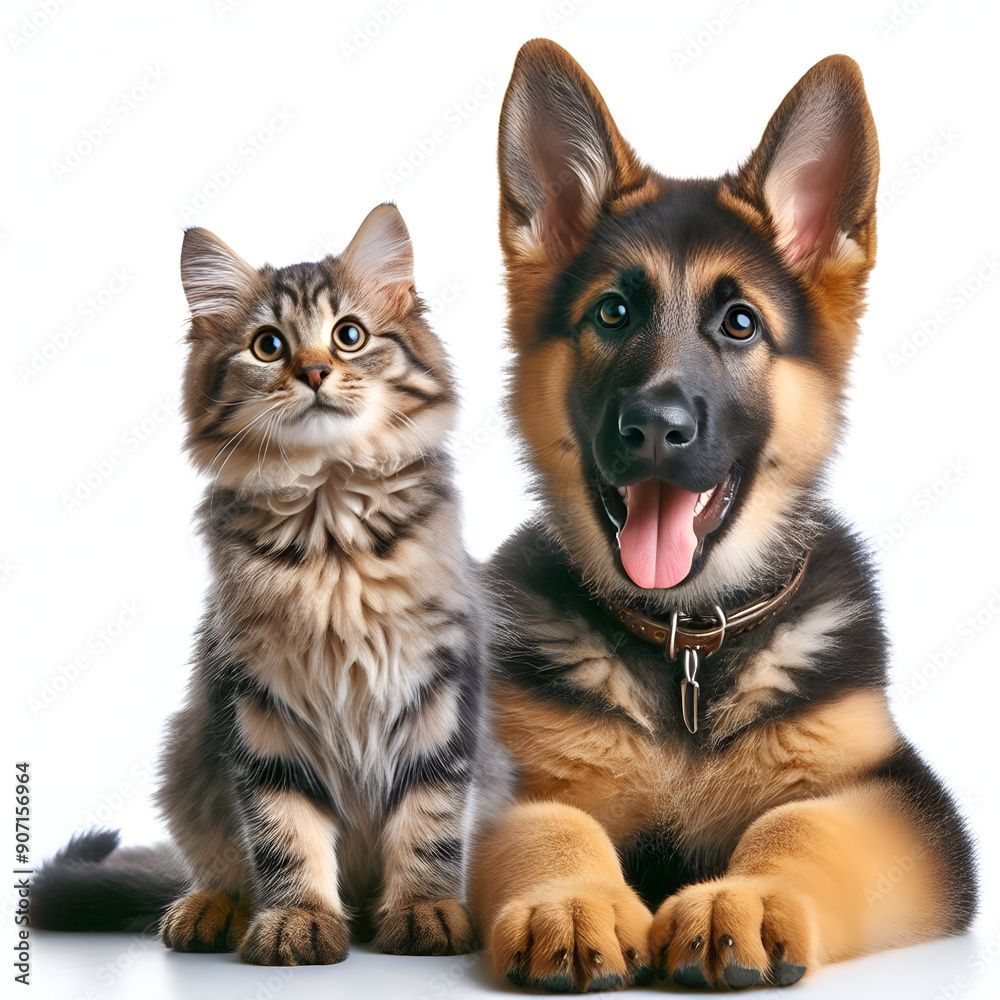 Perro y gato sentados mirando a cámara aislados sobre fondo blanco Perro y gato sentados mirando a cámara aislados sobre fondo blanco
