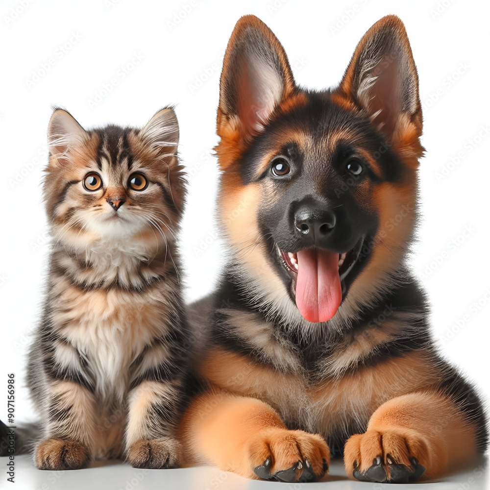 Perro y gato sentados mirando a cámara aislados sobre fondo blanco Perro y gato sentados mirando a cámara aislados sobre fondo blanco