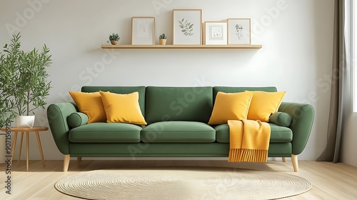 A green sofa with yellow pillows and a blanket in a modern living room with a rug and a plant.