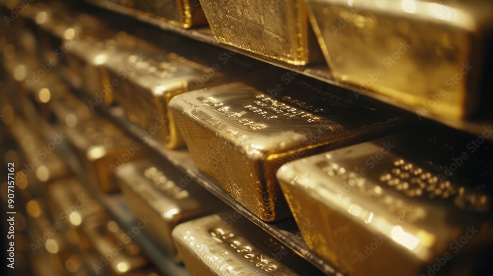 Rows of gold bars on shelves. Financial economy banking concept. Shiny golden precious metal background