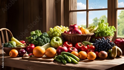 A table is covered with a variety of fruits and vegetables, including apples photo