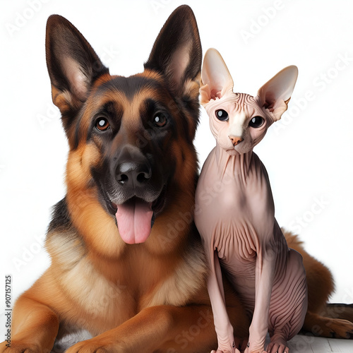Perro y gato sentados mirando a cámara aislados sobre fondo blanco	