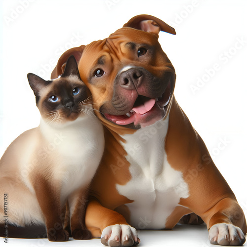 Perro y gato sentados mirando a cámara aislados sobre fondo blanco	