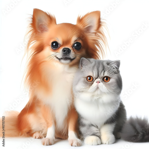 Perro y gato sentados mirando a cámara aislados sobre fondo blanco	