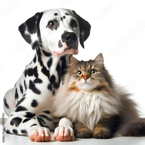 Perro y gato sentados mirando a cámara aislados sobre fondo blanco	