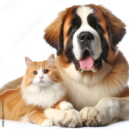 Perro y gato sentados mirando a cámara aislados sobre fondo blanco	