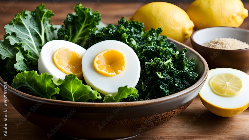A bowl of salad with a fried egg and a lemon wedge A bowl of salad with a fried egg and a lemon wedge