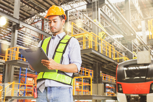 Canvas Print Handsome asian worker engineer stands diligently recording data clipboard in front electric locomotive at a modern maintenance station checking safety systems before using the transport service