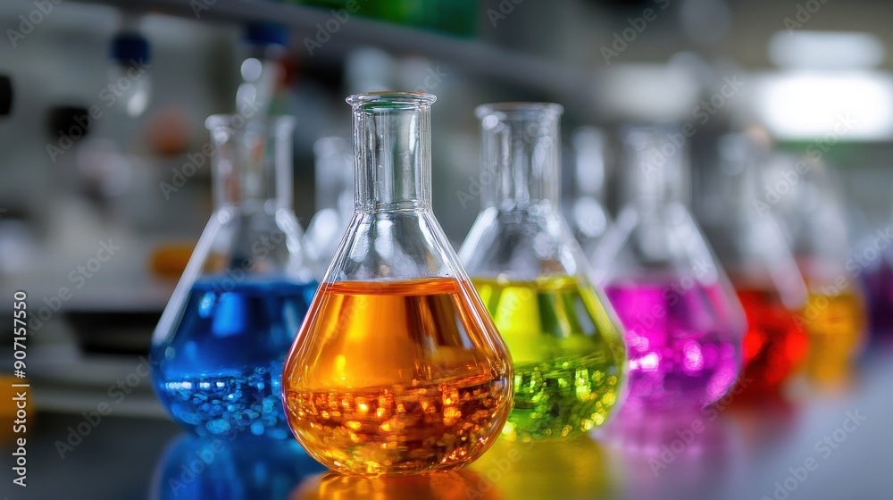 A row of colorful glass vials filled with different colored liquids A row of colorful glass vials filled with different colored liquids