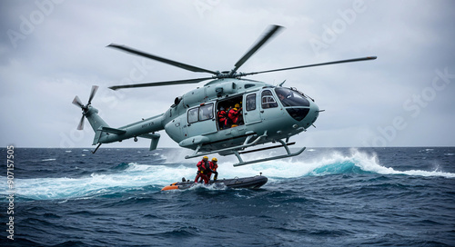 A rescue helicopter hovering above a turbulent ocean, battling heavy rain and powerful gusts as it searches for a stranded vessel. 