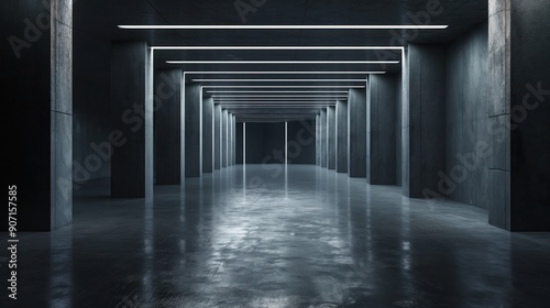 Empty abstract industrial concrete interior with a polished concrete floor, dark and dramatic lighting, minimalist design, 3D illustration