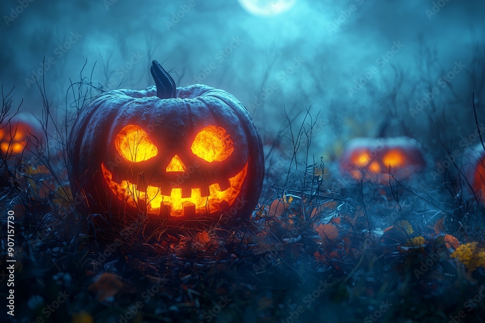Glowing Jack O' Lanterns in Spooky Moonlit Halloween Night Scene Glowing Jack O' Lanterns in Spooky Moonlit Halloween Night Scene