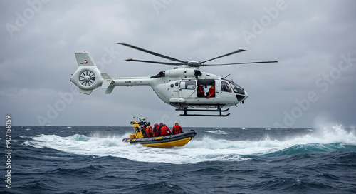 A rescue helicopter hovering above a turbulent ocean, battling heavy rain and powerful gusts as it searches for a stranded vessel. 