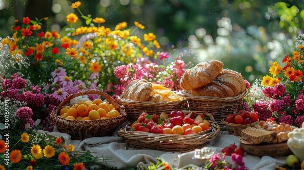 The garden picnic setup full with sandwiches, pastries, fruits, and salads The garden picnic setup full with sandwiches, pastries, fruits, and salads