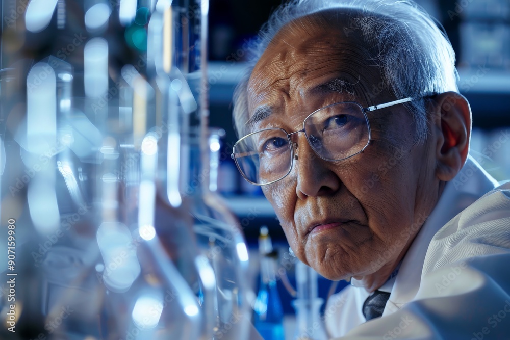 The image shows an elderly scientist in deep concentration, surrounded by a multitude of laboratory glass equipment, carefully conducting experiments and research. The image shows an elderly scientist in deep concentration, surrounded by a multitude of laboratory glass equipment, carefully conducting experiments and research.