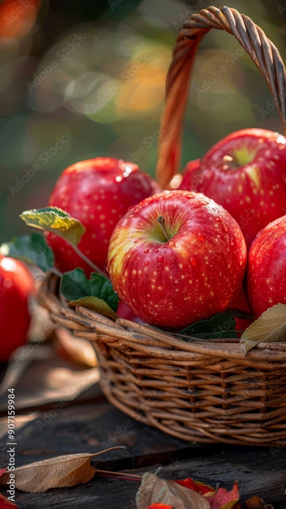 Rustic Orchard Bounty: A Close-Up of Crimson Apples in a Basket on a Garden Table, Ideal for Outdoor Orchard Marketing Posters Rustic Orchard Bounty: A Close-Up of Crimson Apples in a Basket on a Garden Table, Ideal for Outdoor Orchard Marketing Posters