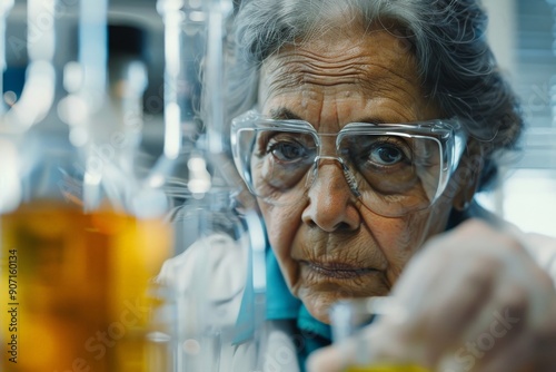 An elderly female scientist with gray hair and glasses intently works among laboratory equipment, showcasing dedication and expertise within a professional scientific environment.