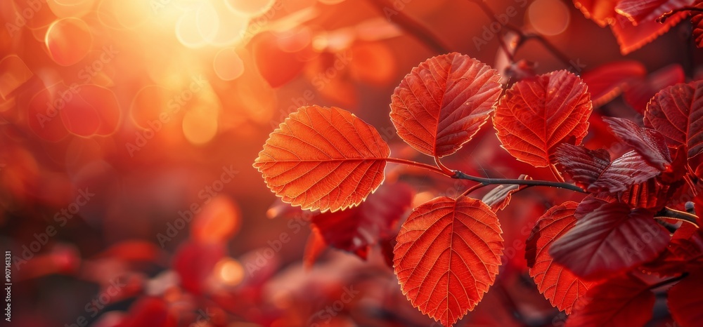 Autumn Elegance: Crimson Leaves Adorning Branches Under the Warm Embrace of Fall Sunlight