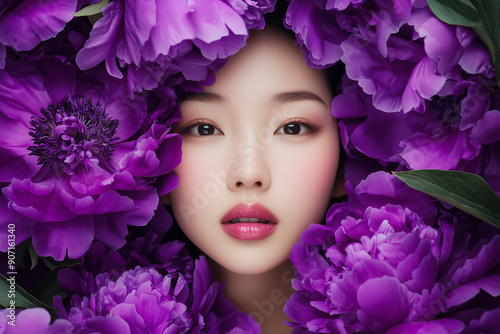 Close up portrait of Asian female model with purple flowers. Minimal concept of cosmetic industry poster or ad, skin care, elegance, style and beauty.