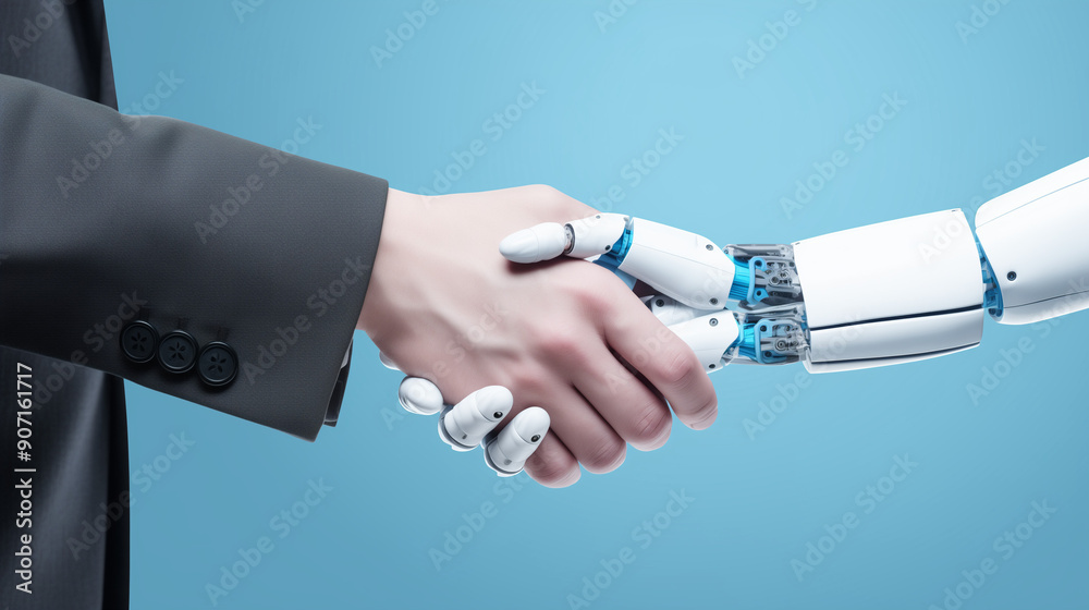 Business handshake between a man and a robot. Minimal fun concept of ...
