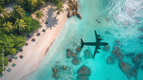 Aerial view of airplane shadow over summer tropical beach