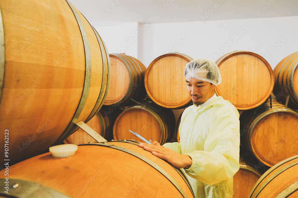 Japanese male wine factory worker wearing coat inspects an oak barrel temperature controlled room maintain quality within the wine business factory and record wine fermentation reports on a clipboard. Japanese male wine factory worker wearing coat inspects an oak barrel temperature controlled room maintain quality within the wine business factory and record wine fermentation reports on a clipboard.