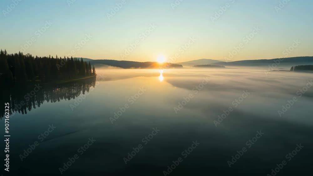Enchanted Dawn: Fog and Sunrise Over a Lake Enchanted Dawn: Fog and Sunrise Over a Lake