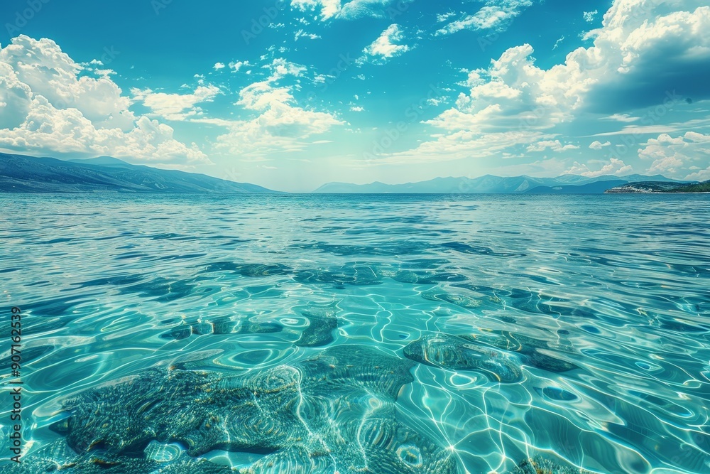 Tranquil ocean lagoon, clear waters, sunny skies, tropical mediterranean beach view Tranquil ocean lagoon, clear waters, sunny skies, tropical mediterranean beach view