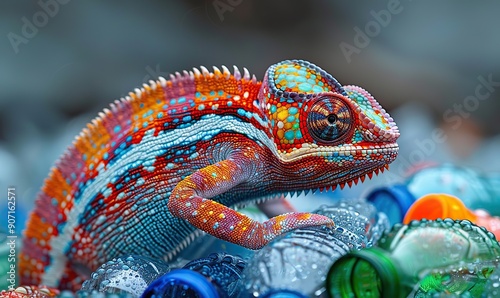 A vibrant chameleon perched on a pile of plastic bottles highlights the environmental impact of plastic pollution.