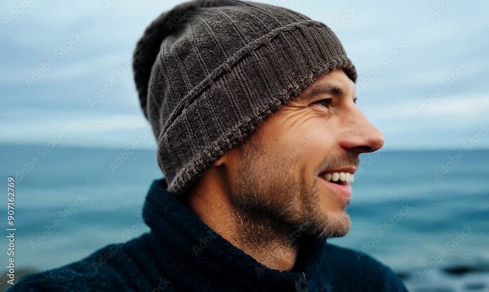 Conceptual portrait video of a pleased man in his 30s wearing a warm beanie or knit hat against a water or ocean background Conceptual portrait video of a pleased man in his 30s wearing a warm beanie or knit hat against a water or ocean background