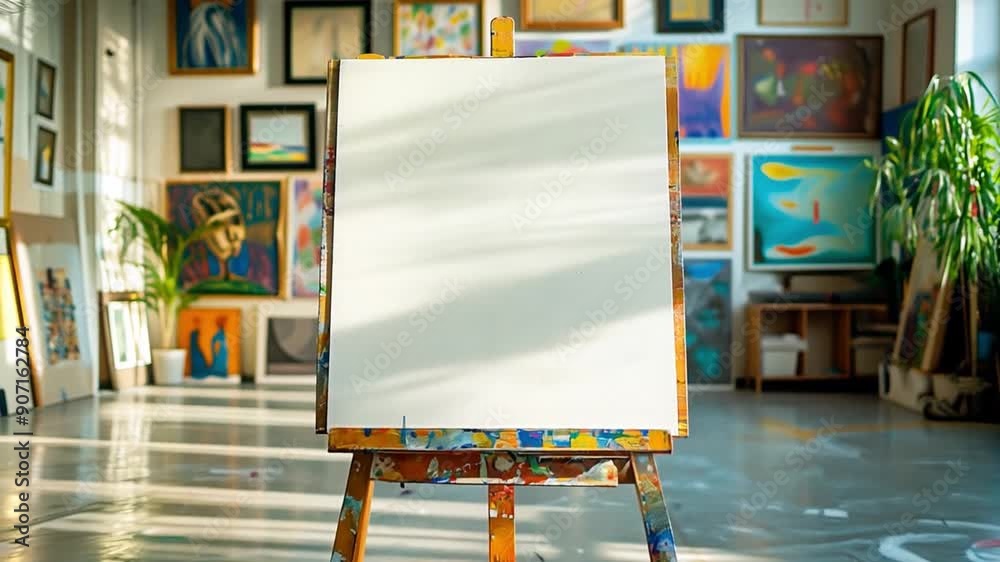 A blank canvas sits on an easel in a vibrant art studio surrounded by various colorful artworks and art supplies.
