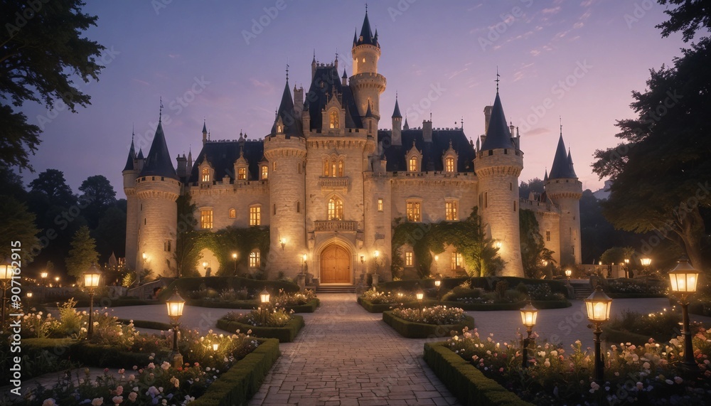 Naklejka premium A grand castle against the twilight sky, with towering spires and intricate details, illuminated by warm, golden lights, creating a magical, fairy-tale atmosphere. 