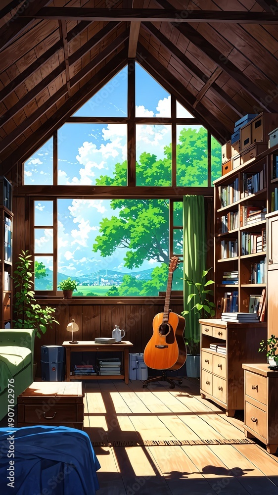 Fototapeta premium cozy attic with old furniture background vertical backdrop illustration anime cartoon