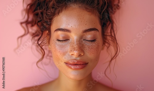 An attractive young woman with glowing skin, closed eyes, and a flexed neck showcases beauty and skin health.