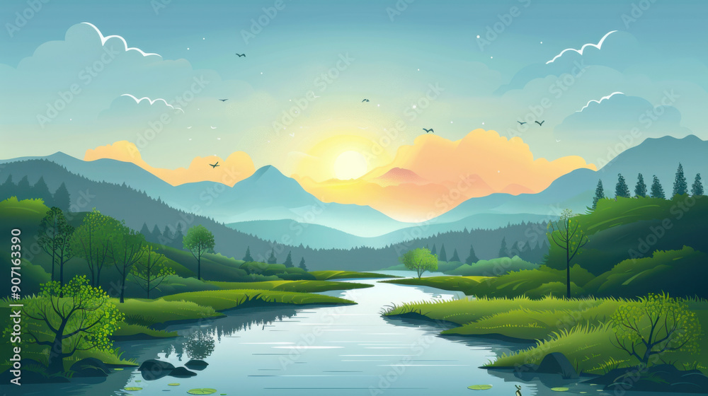 Fototapeta premium Sunset over peaceful river surrounded by green hills and distant mountains, creating a tranquil and scenic view.