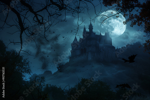 Haunted Castle illuminated by the full moon creating a spooky Halloween atmosphere filled with mystery and vampire terror