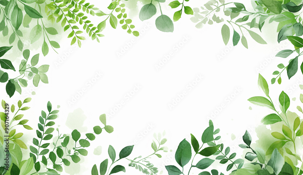 white background with green leaves in watercolor style white background with green leaves in watercolor style