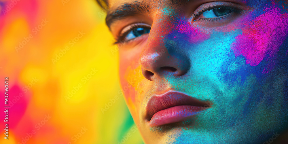 Vibrant Paint-Splattered Face Close-Up - Artistic Expression in Vivid Colors