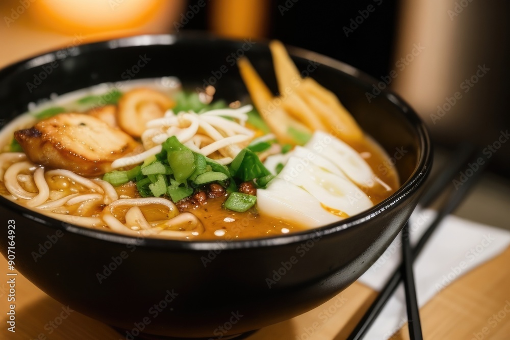 Ramen over a blurry restaurant background Ramen over a blurry restaurant background