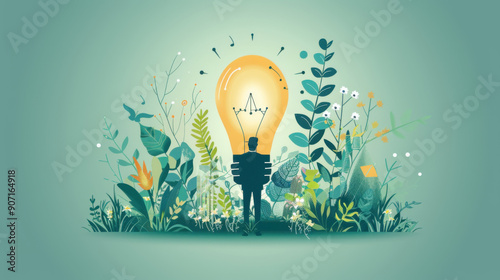 Silhouette of a person with a lightbulb among lush plants, representing ideas, creativity, and innovation.