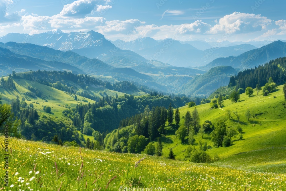 Fototapeta premium Serene alpine mountain scenery with verdant meadows blooming in spring and summer