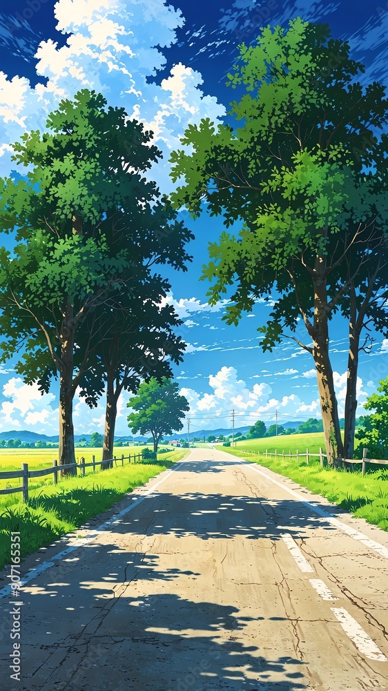 quiet countryside road with fields background vertical backdrop illustration anime cartoon