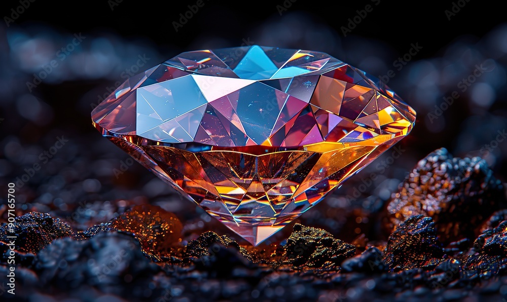 A stunning multifaceted diamond reflects vibrant colors against a dark background, showcasing brilliance and elegance. A stunning multifaceted diamond reflects vibrant colors against a dark background, showcasing brilliance and elegance.
