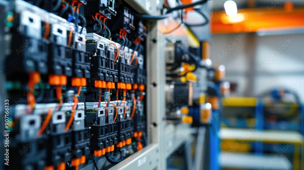 A large electrical panel with many switches and wires A large electrical panel with many switches and wires